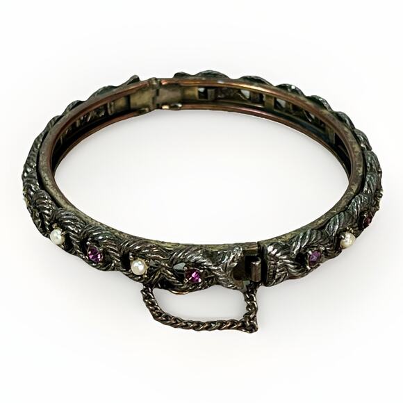 VTG Victorian Revival Hinged Bangle Amethyst Seed Pearls Safety Chain - Picture 3 of 16